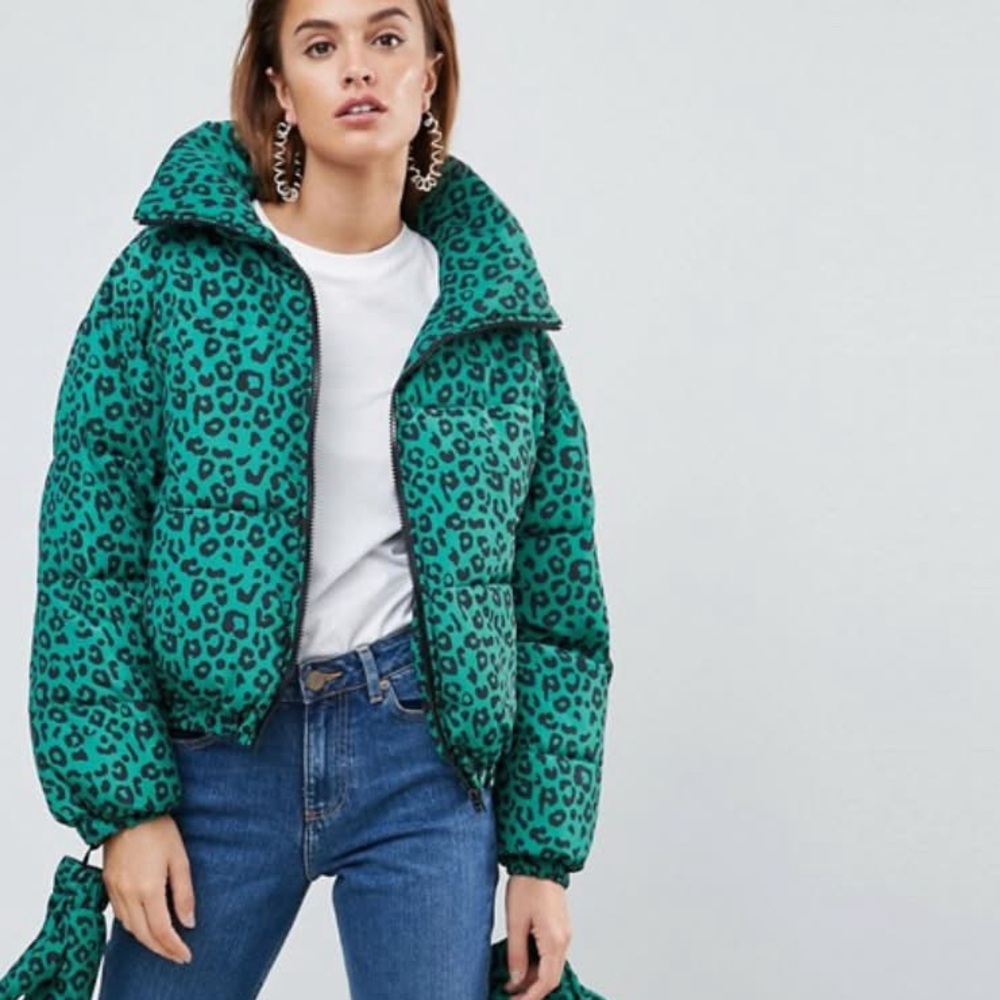 Green Leopard Print Puffer Jacket
